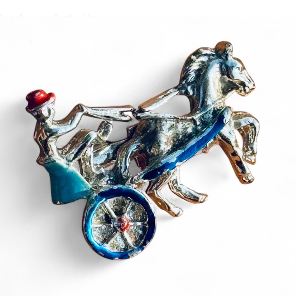 Vintage Silver Tone Blue and Red Enamel Horse and Chariot Lapel Pin Brooch